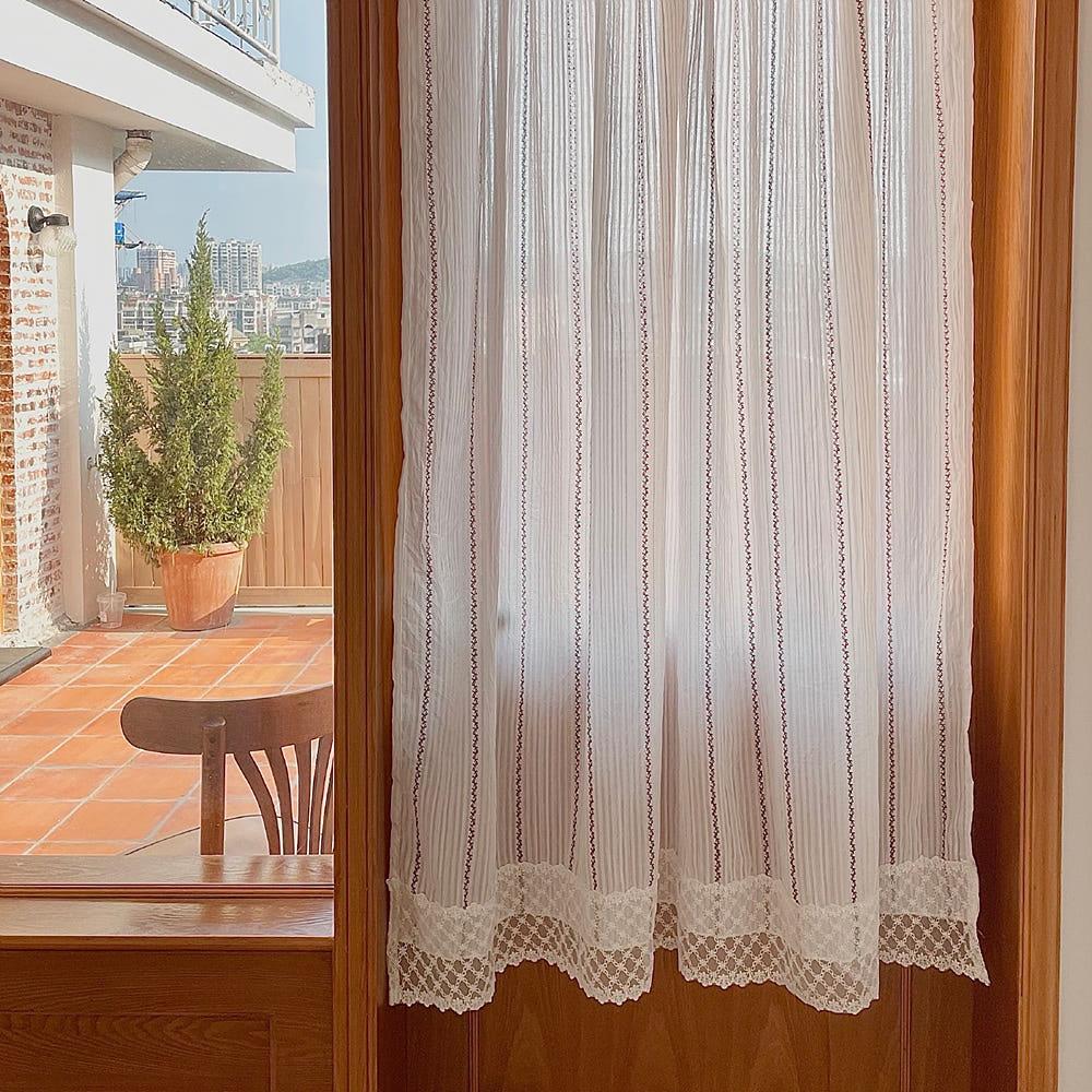 감성 에스닉 빈티지 레이스 커튼 꽃 무늬 화이트 커튼 면 우드 인테리어 줄무늬 문 커텐