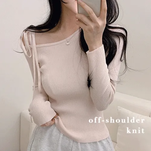 [여리핏*/6컬러] 럽리 리본 오프숄더 여리 골지 니트 (6color)
