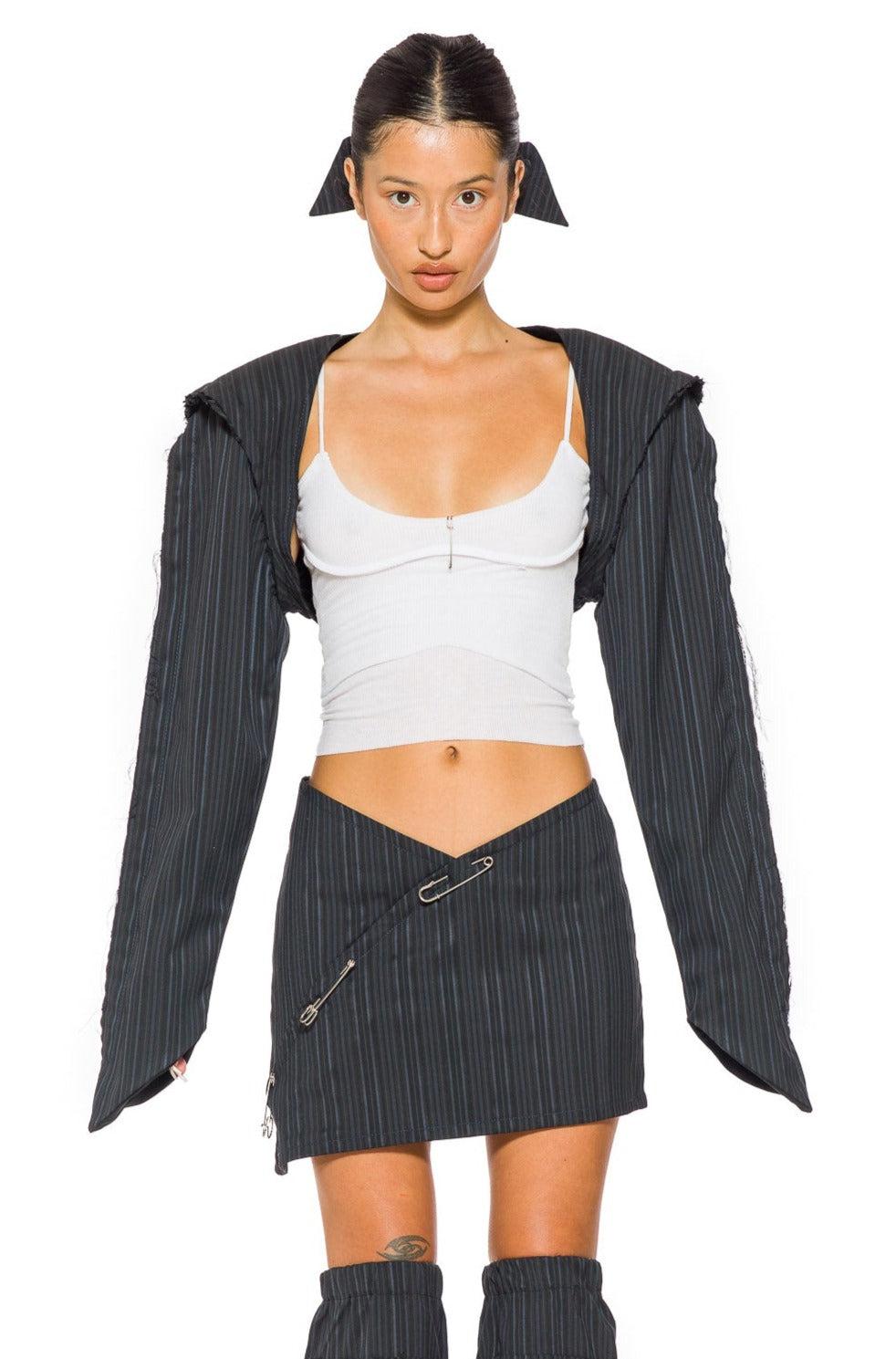 OPEN SEAM BOLERO IN BLUE MULTI STRIPE SUITING - XS