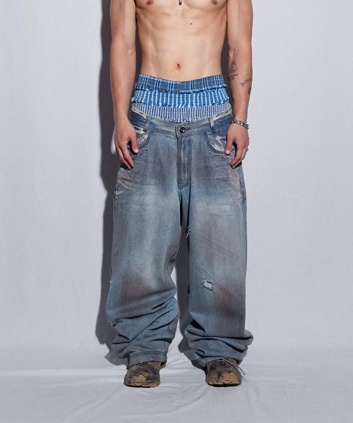 Punched Dirty Wide Denim Pants Light Blue