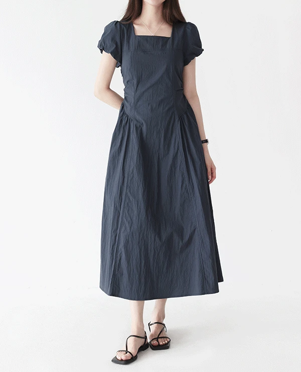 [여름신상] 하우스 스퀘어넥 퍼프 반팔 롱원피스 (2color) - 나일론 여름원피스 A라인 밴딩 출근룩 여름하객룩 하객룩원피스 바스락 바스락원피스 나일론원피스