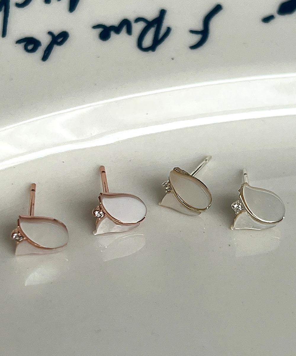 [무배] 실버925 튤립 자개 큐빅 스터드 귀걸이 (실버 로즈골드)