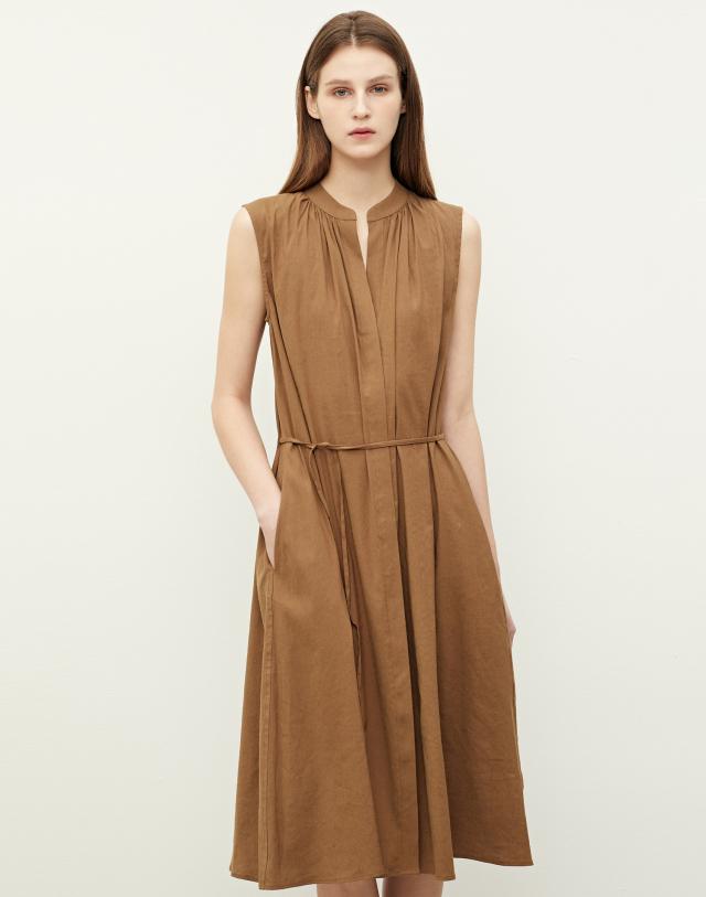 브라운 단색 린넨혼방 민소매원피스