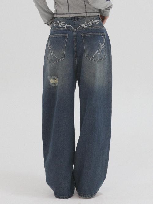 Embroidered balloon fit denim pants