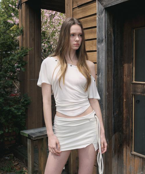 Harry Button Unbal Shirring Short Top (Ivory)