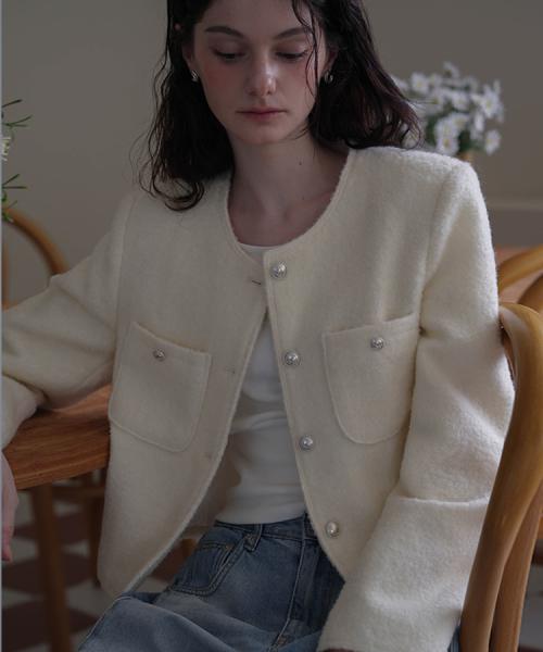 Round Boucle Tweed Jacket [Ivory]