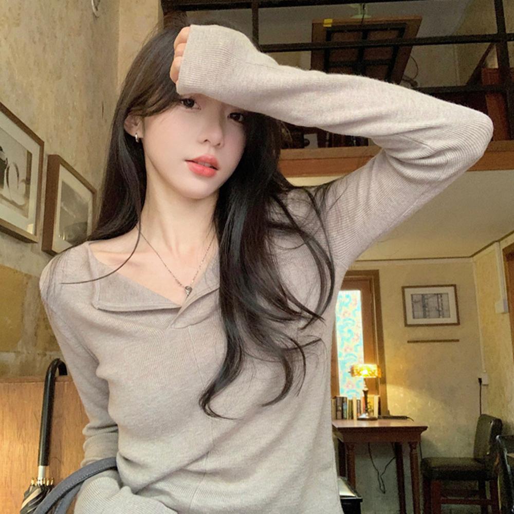 브이넥 카라 긴팔 티셔츠 골지 니트 청순 페미닌 여성스러운 슬림핏 슬렌더 여리 봄 여름 간절기 데이트 여친 출근 하객 룩 데일리 베이직 기본템 꾸안꾸 쫀쫀 스판 캐주얼 대학생 새내기 오트밀 핑크 보라 블랙 퍼플 파스텔 쿨톤
