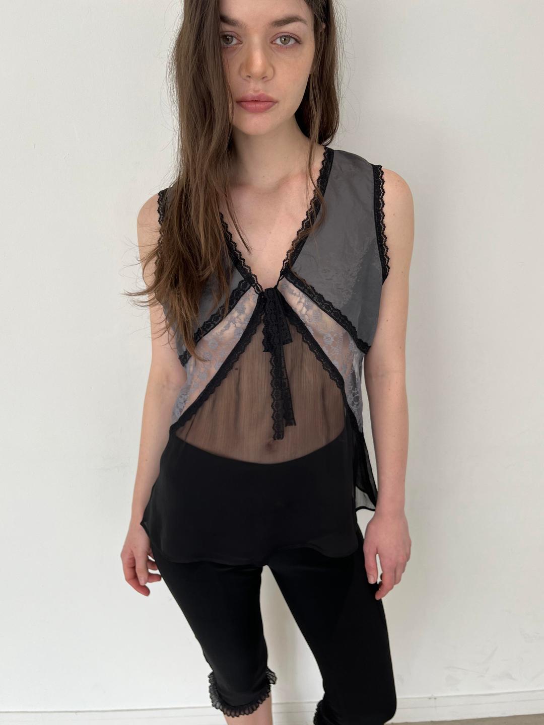 Mixed Satin, Lace, and Chiffon Camisole (Black)