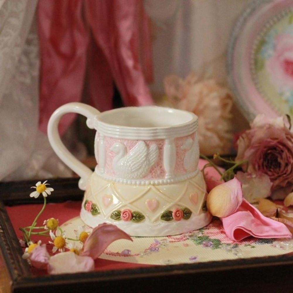 프렌치 입체 궁전 백조 세라믹 머그컵 로맨틱 선물