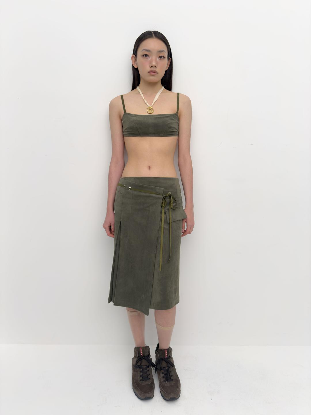 [6/13 예약배송] Faux suede wrap skirt Khaki