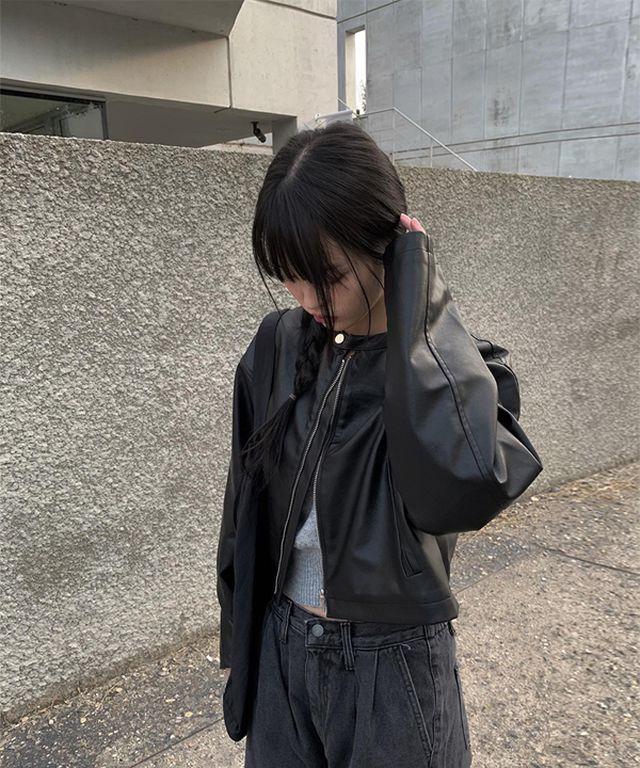 사포 레더 바이커 크롭 자켓