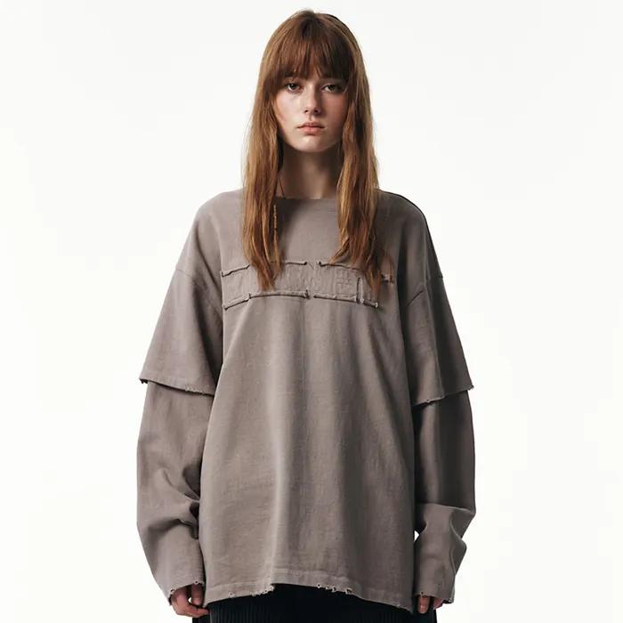 FAKE LAYERED DAMAGE SWEAT SHIRTS IN CHARCOAL