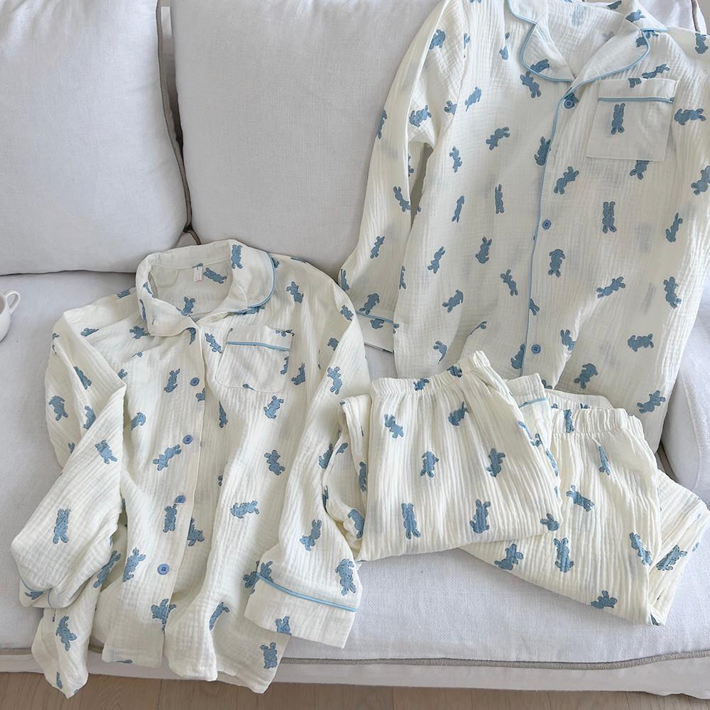 긴팔 누빔 요루면 거즈 래빗 커플 잠옷 세트 신혼 선물 파자마