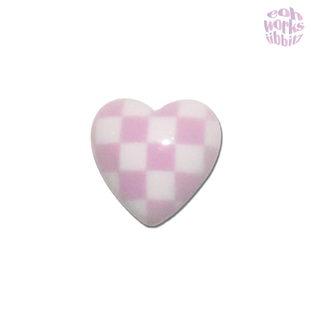 pink checker board heart button / 분홍 핑크 체커보드 하트