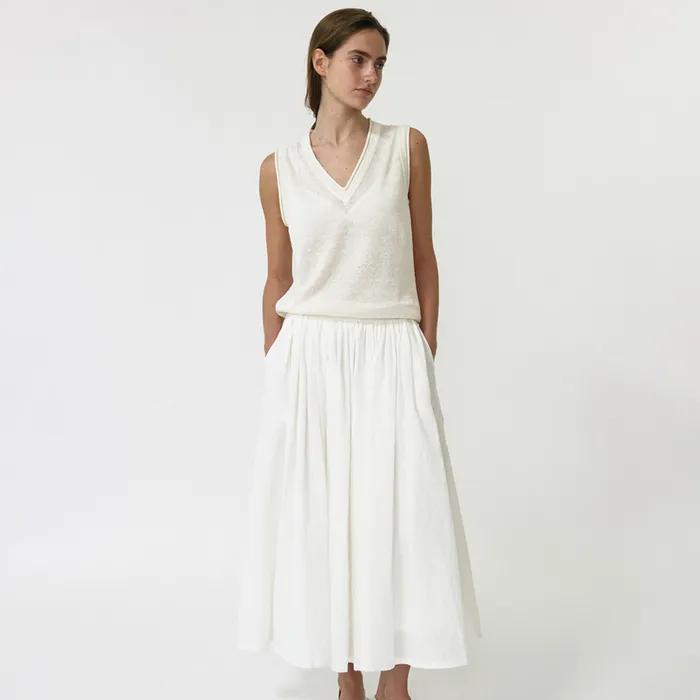 Shore Linen Flare Long Skirt (White)