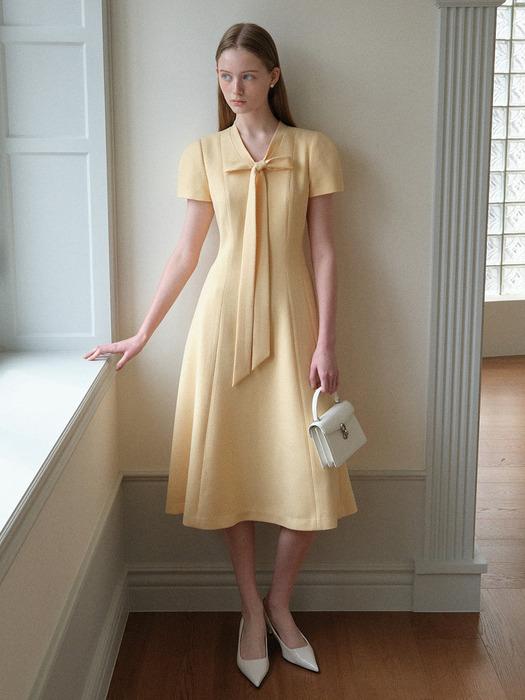 MADDY Ribbon tied short sleeve flared long dress (Butter yellow)