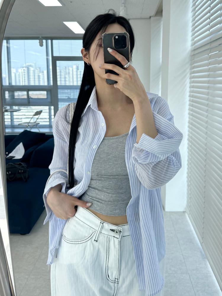 올데이 시스루 오버핏 스트라이프 셔츠