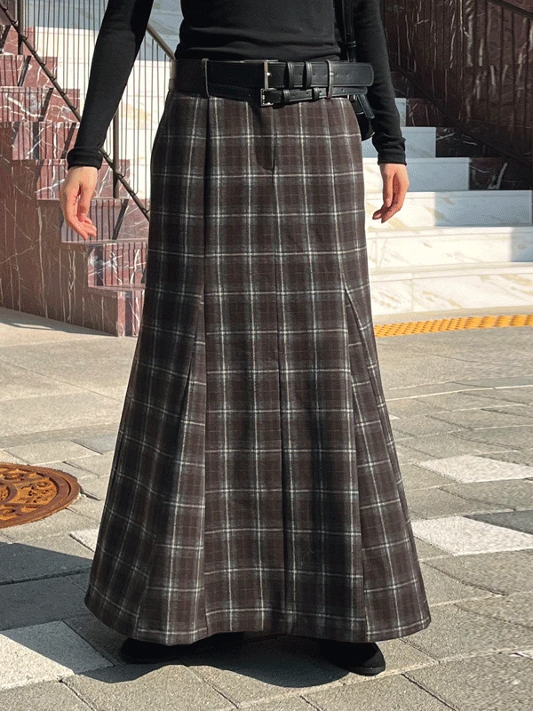 [연말룩/겉기모소재] 로우 체크 맥시 스커트