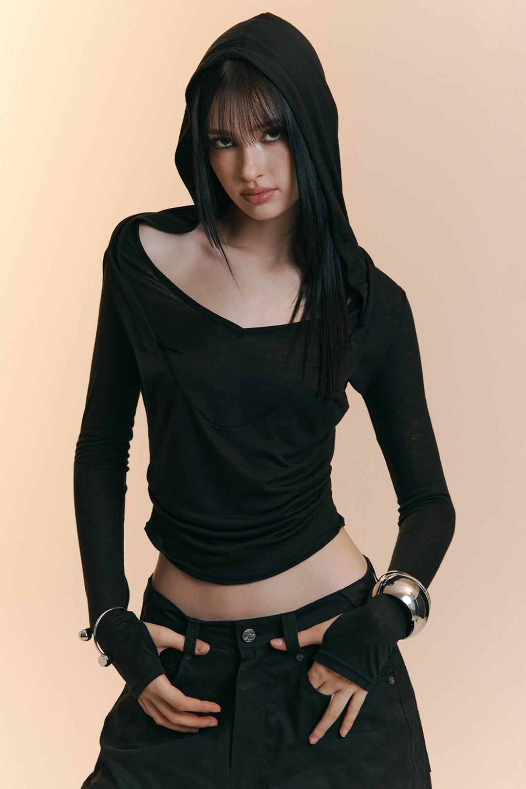 Moa Drape Hoodie Long Sleeve Top (Black)