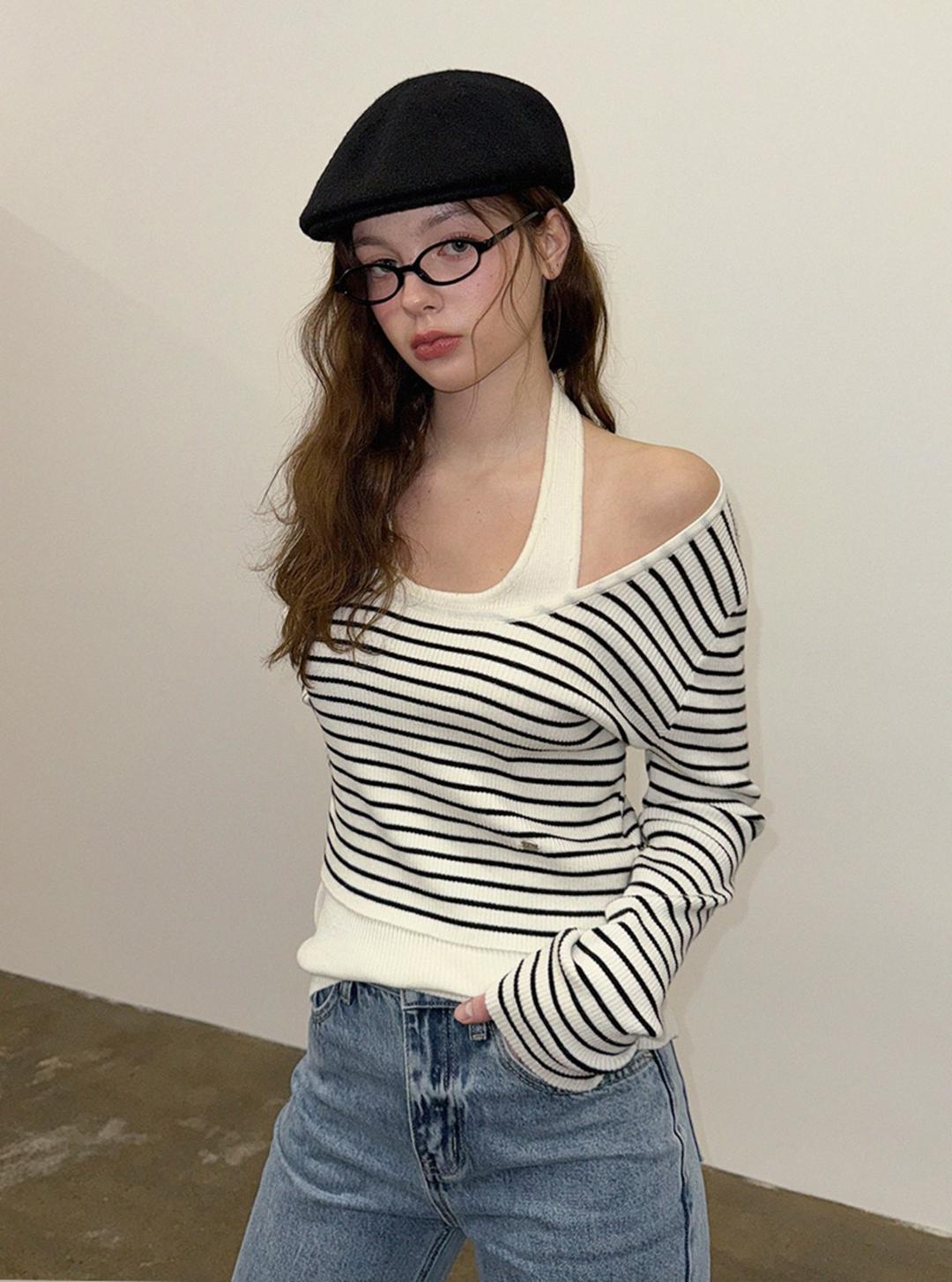 트위 [가은' pick]드멘 스트라이프 니트 나시 니트 SET