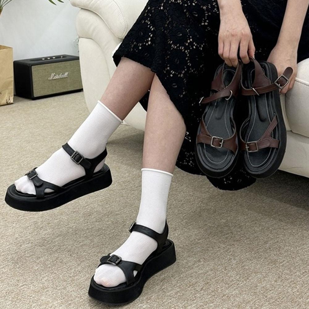 가죽 고무창 더로우 스타일 발목 스트랩 플랫폼 통굽 샌들 4cm