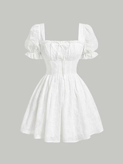 SHEIN MOD 메쉬 자수 퍼프 슬리브 앞가슴 셔링 드레스