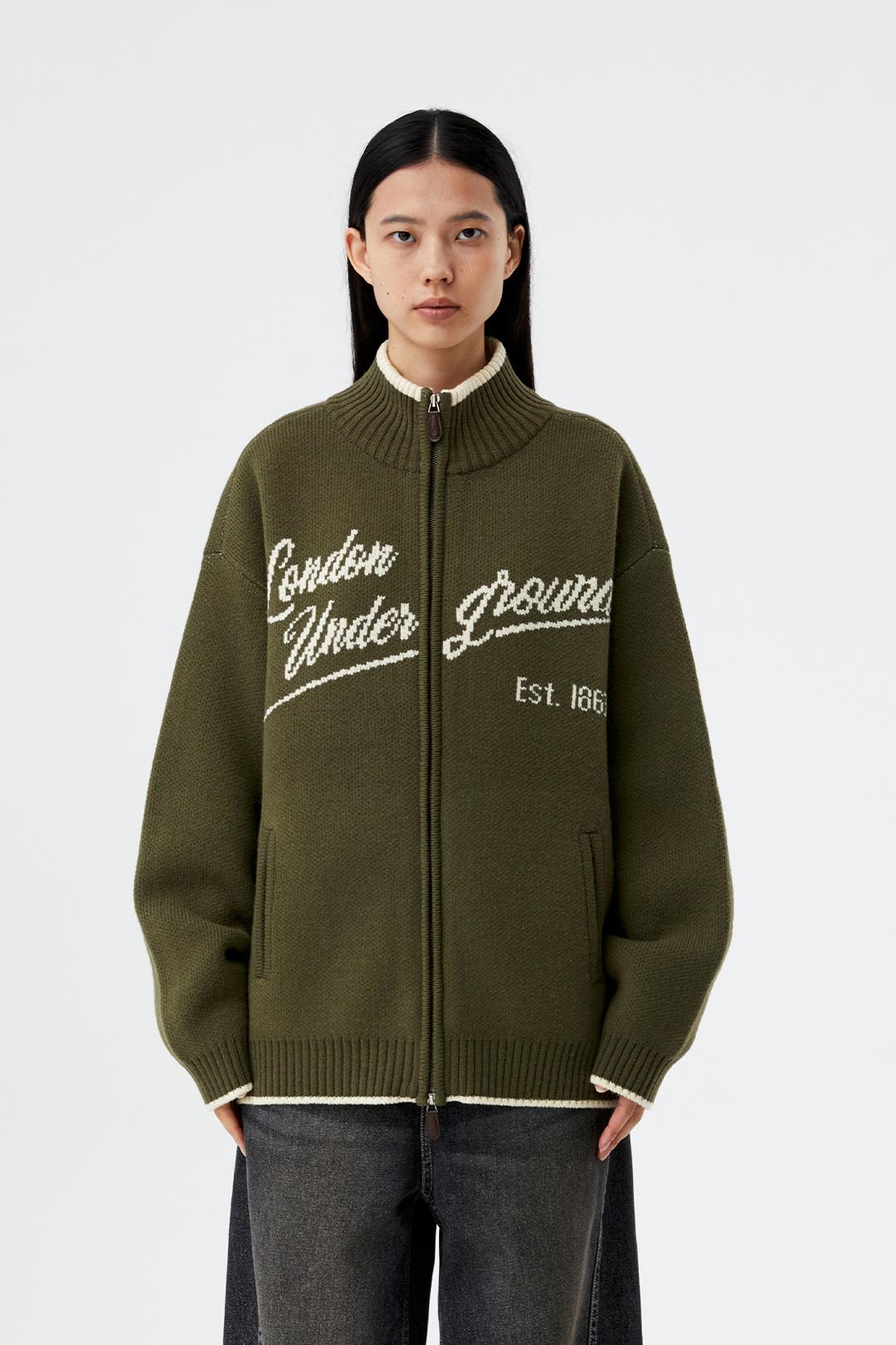 Jacquard zip-up cardigan_Khaki