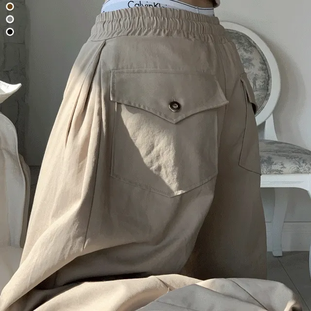 [허얇골넓/사이드핀턱/밑단버튼/빅포켓/핏조절/와이드/조거]제드 사이드핀턱 스냅버튼 글램 볼륨 백포켓 밴딩 와이드 코튼 롱팬츠 5color