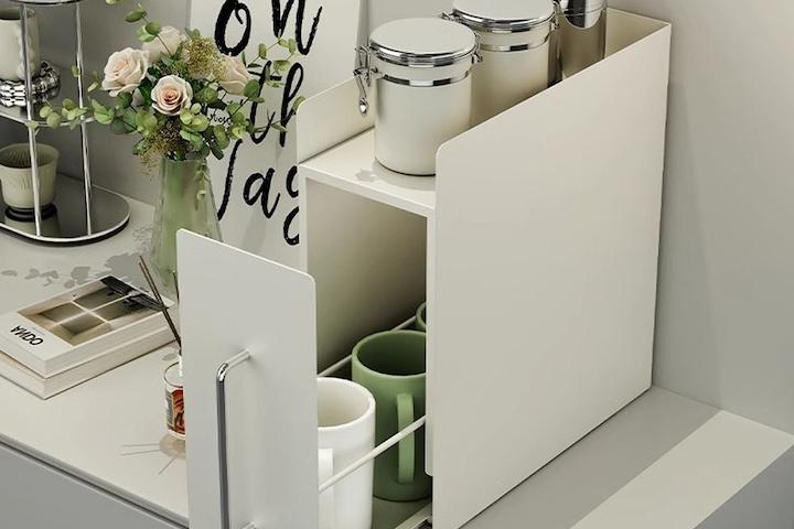 심플 화이트 철제 슬림 슬라이드 수납함 선반정리대 (머그컵/양념통/영양제)