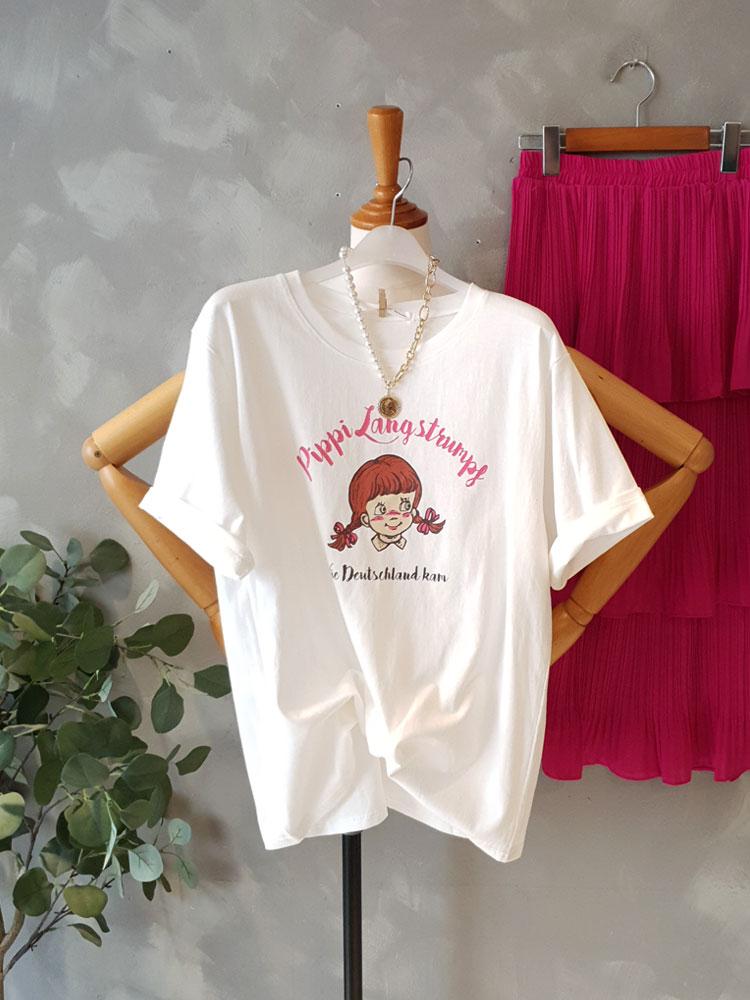 [무료배송] 1+1 피피 소녀프린트 기본핏 면 라운드반팔티