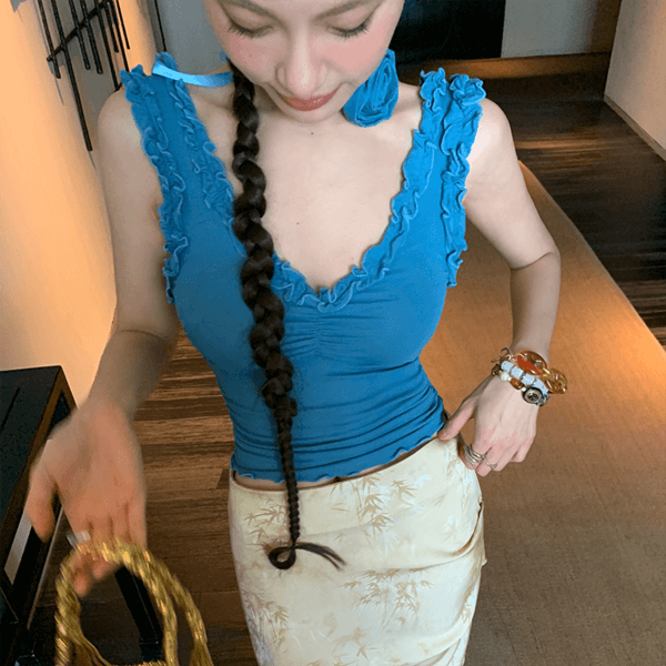 DULA blue V-neck camisole tight top + flowers