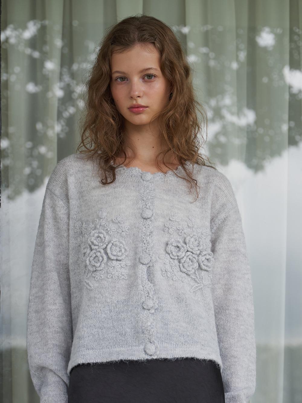 Charlotte Flower Wool Knit Cardigan [Gray]