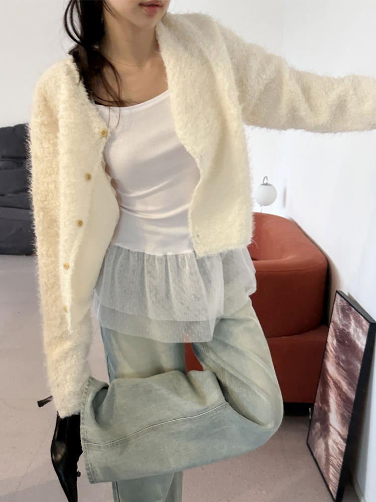 눈꽃 라운드넥 뽀글이 부클 크롭 가디건