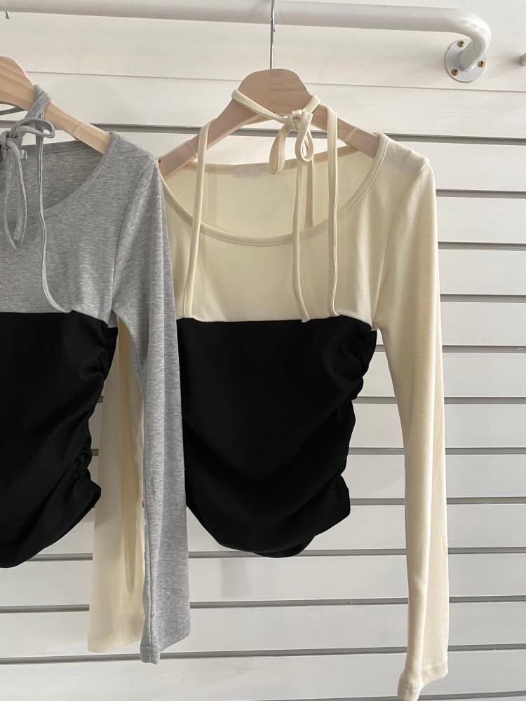 (탑이랑 티가 붙어있는) 발레코어 리본 타이 셔링 긴팔티