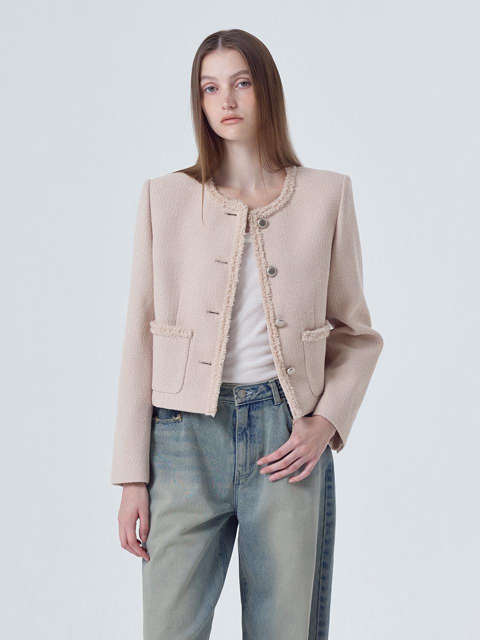 Boucle Trimmed Tweed Jacket, Beige