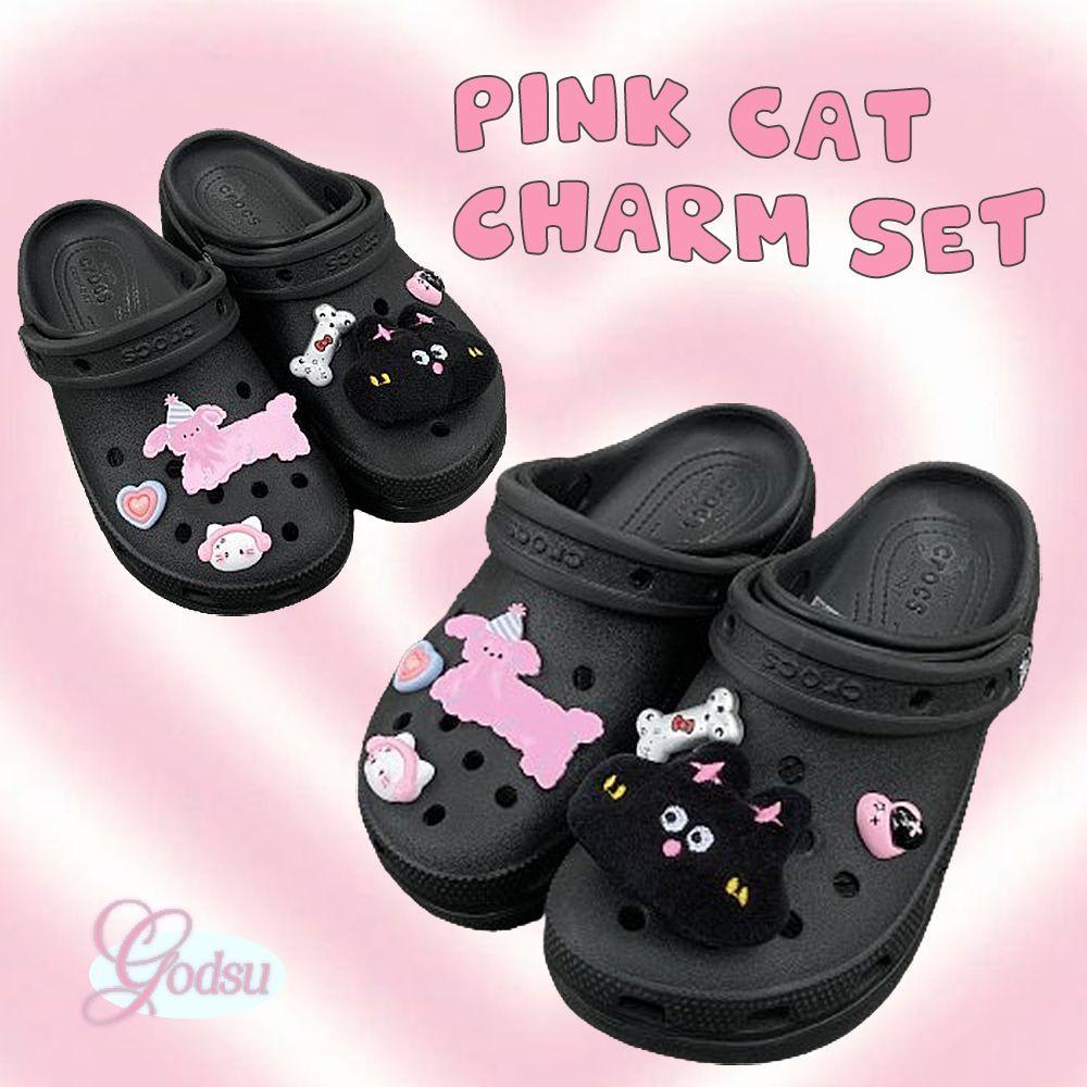 핑크 고양이 슬리퍼 참 세트 크록스 꾸미기 지비츠 호환 악세사리 파츠 : 갓수