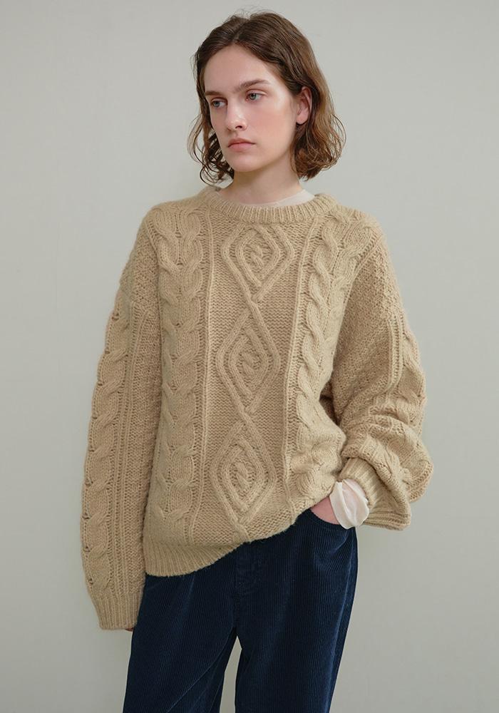 Alpaca wool cable pullover knit (Beige)