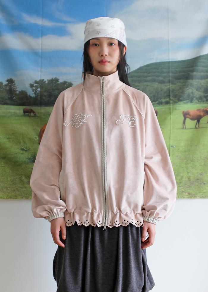 SUEDE LACE CUT PEARL LOGO ZIP-UP NUDE PINK