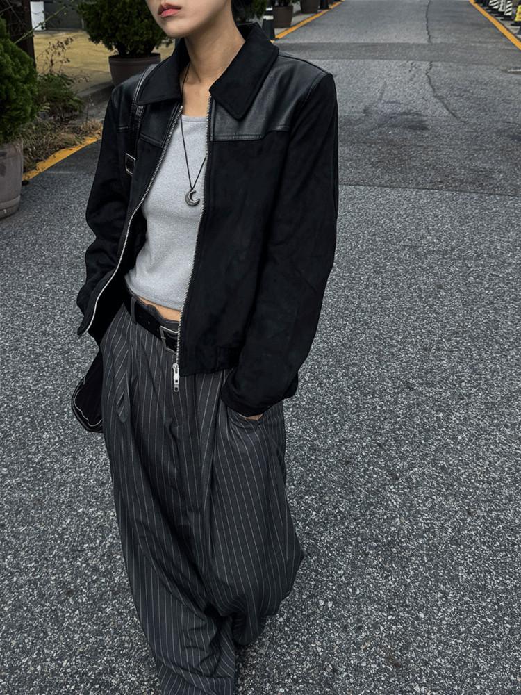 투웨이 집업 믹스드 레더 스웨이드 자켓 2color