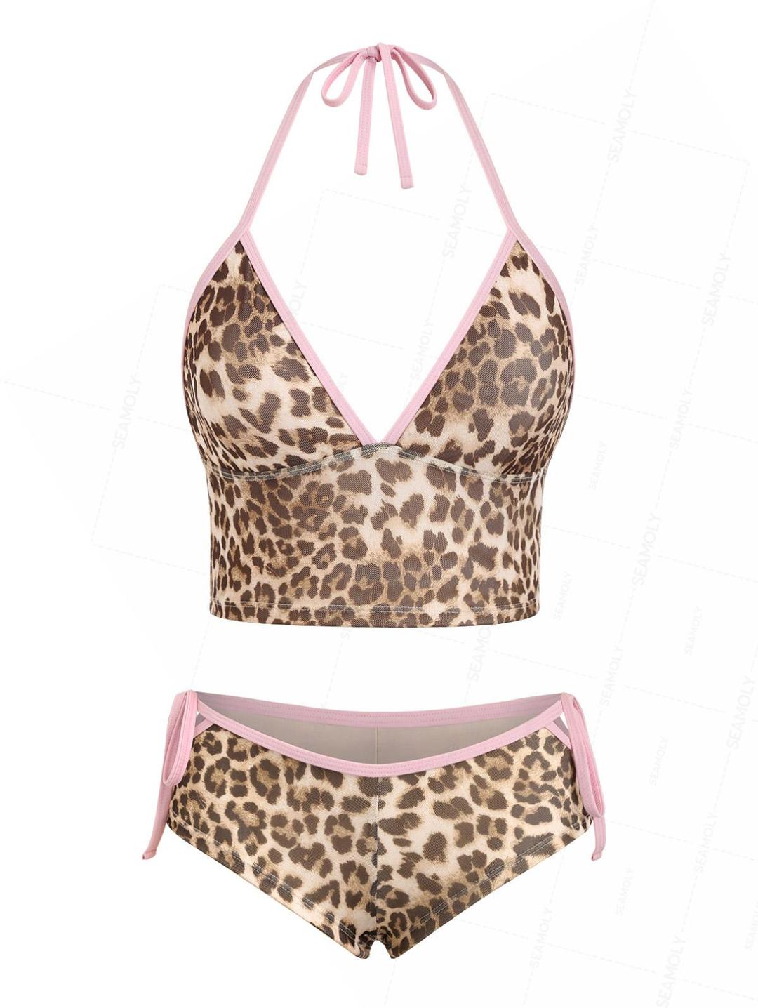 Seamolly Leopard Print Halter Cutout Tied Side Cheeky Boyshorts Tankini Set