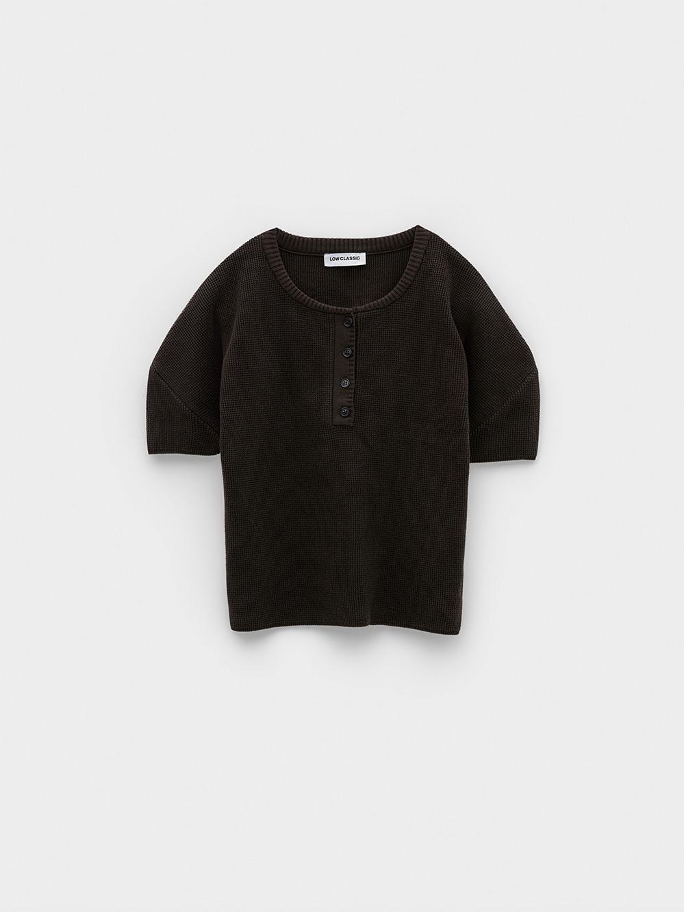Puff Sleeve Henry Neck Knit Top_Brown