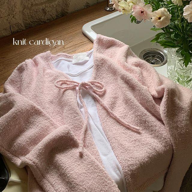 핑크 뮤트 리본 니트 가디건