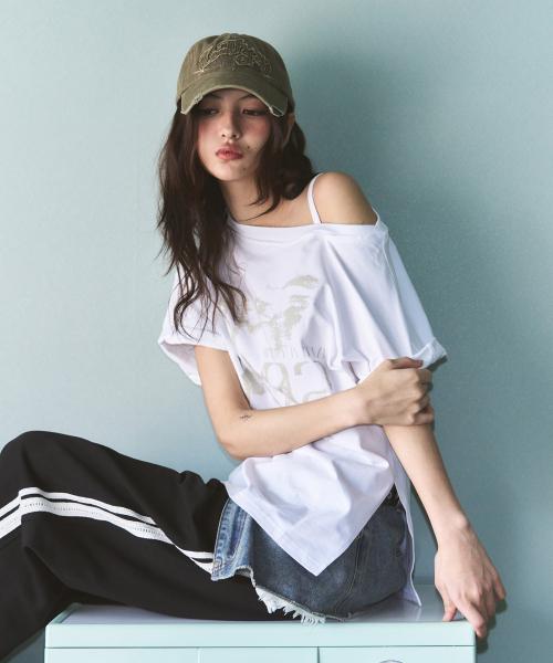 빈티지 슬릿 원숄더 반팔 티셔츠 [WHITE]