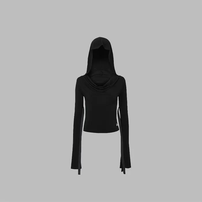HOODIE RIBBON DRAPE TOP BLACK