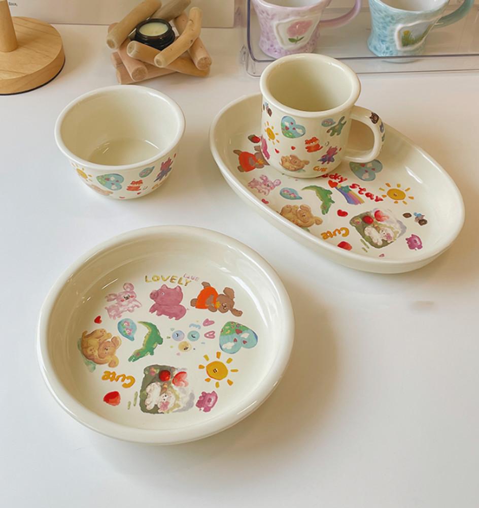 빈티지 귀여운캐릭터 식기 홈세트 머그컵 집들이선물 어린이접시 핸드페인팅그릇