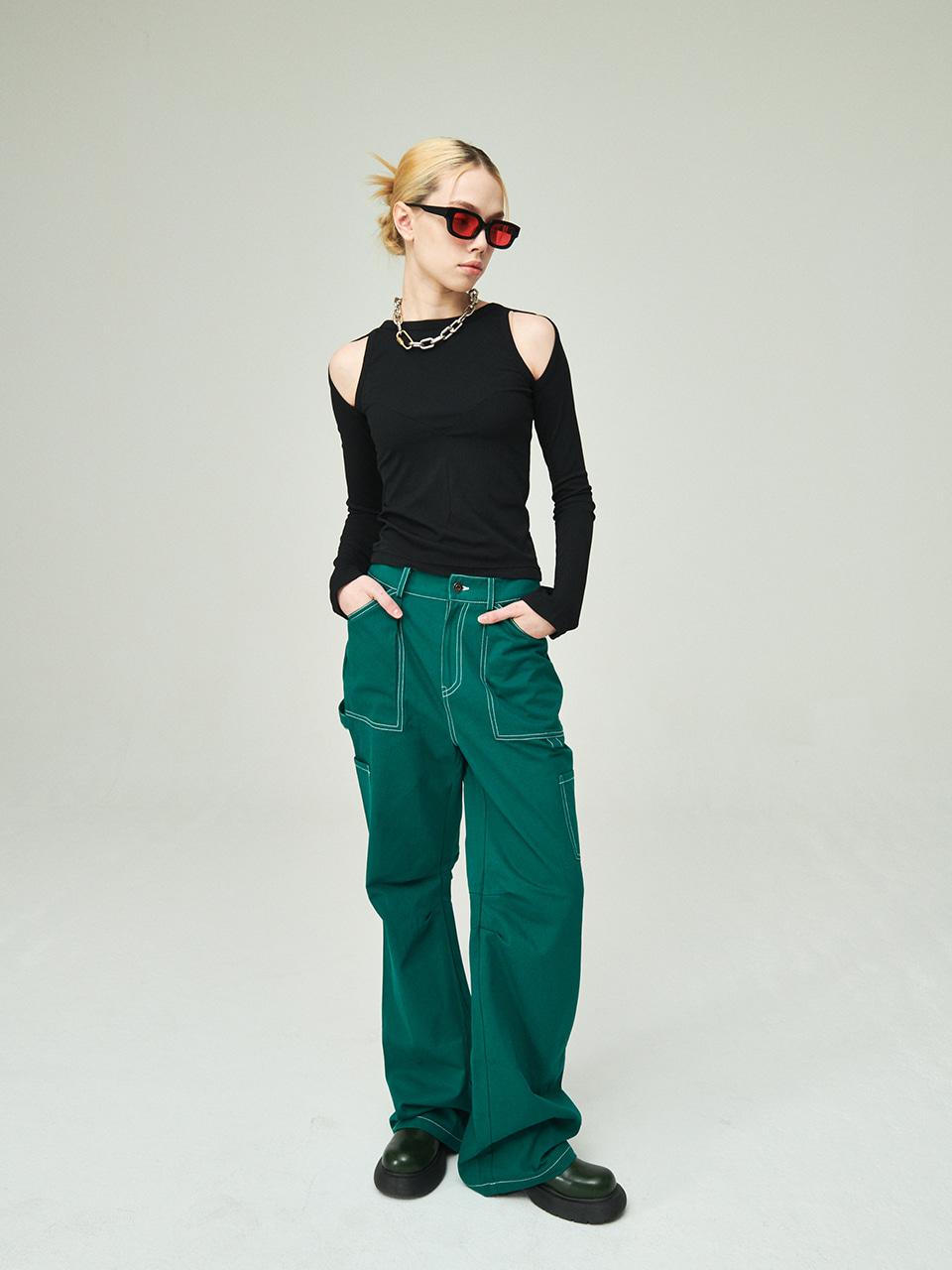 세미 로우라이즈 루즈핏 배기 카고 코튼팬츠 Semi rowrise wide cargo pants_Green