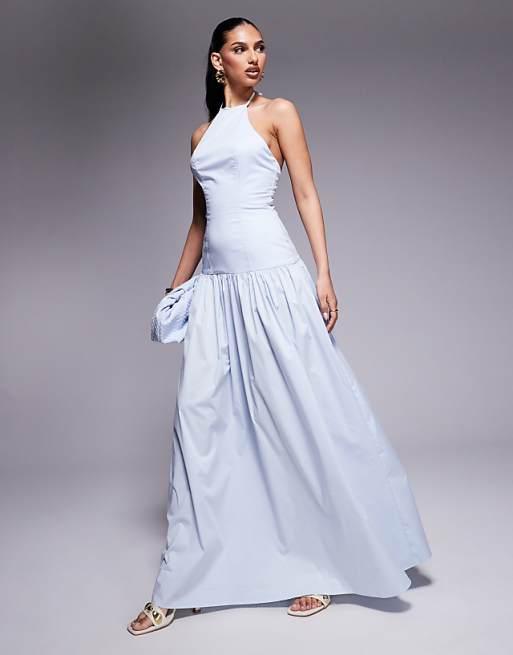 Wanderdoll Kylie poplin halterneck dropped waist maxi dress in baby blue