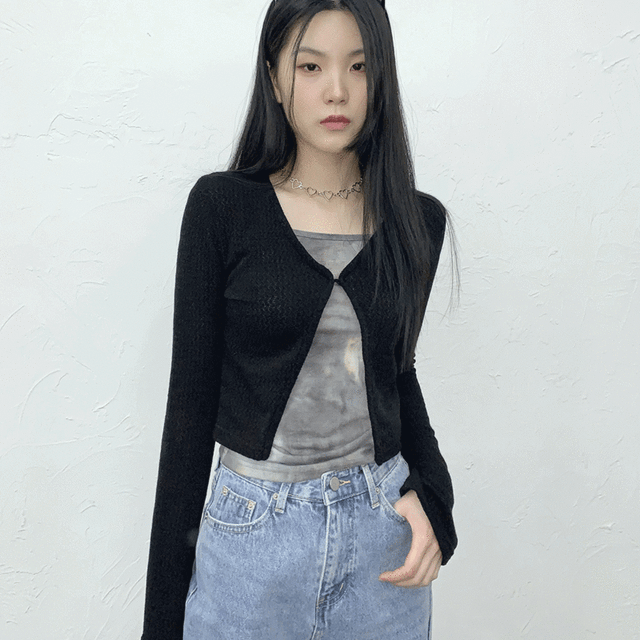 푸치아 후크 버튼 크롭 가디건