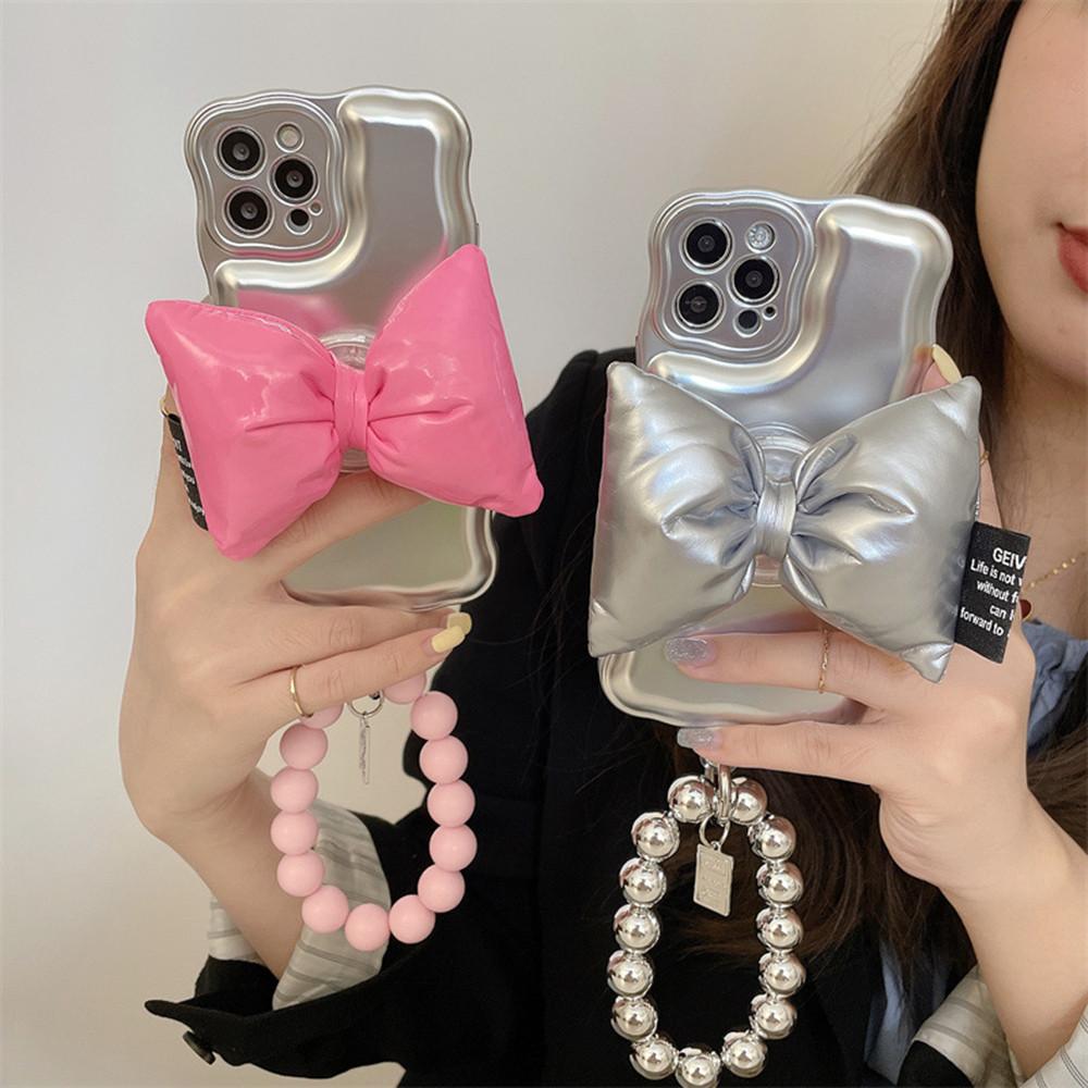 아이폰 14 13 12 11 PRO MAX 물결 쿠션 패딩 리본 스마트톡 비즈 구슬 스트랩 set 손잡이 실리콘 케이스