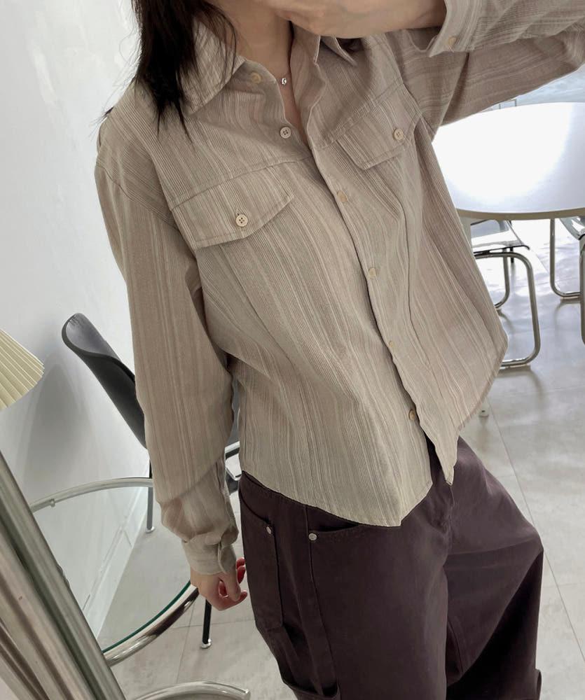 워치 더블 포켓 라운드 스트라이프 셔츠 (2color) 여자 세미 크롭 셔츠
